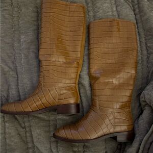 Tan Croc-Embossed Knee-High Boots